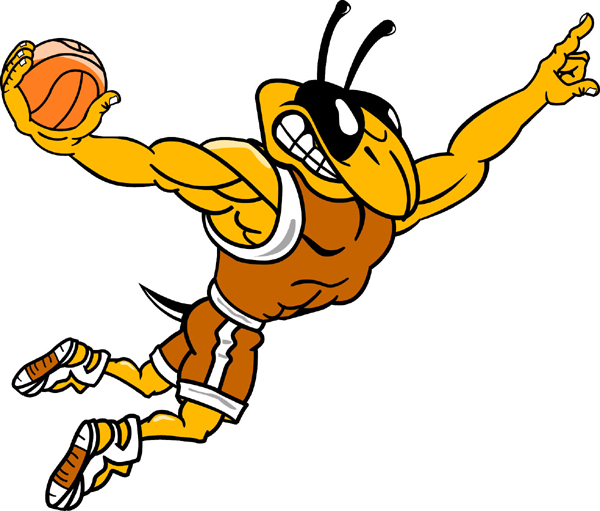 Yellow jacket basketball player mascot full color vinyl sports sticker.  Customize on line. Y Jacket Basketball